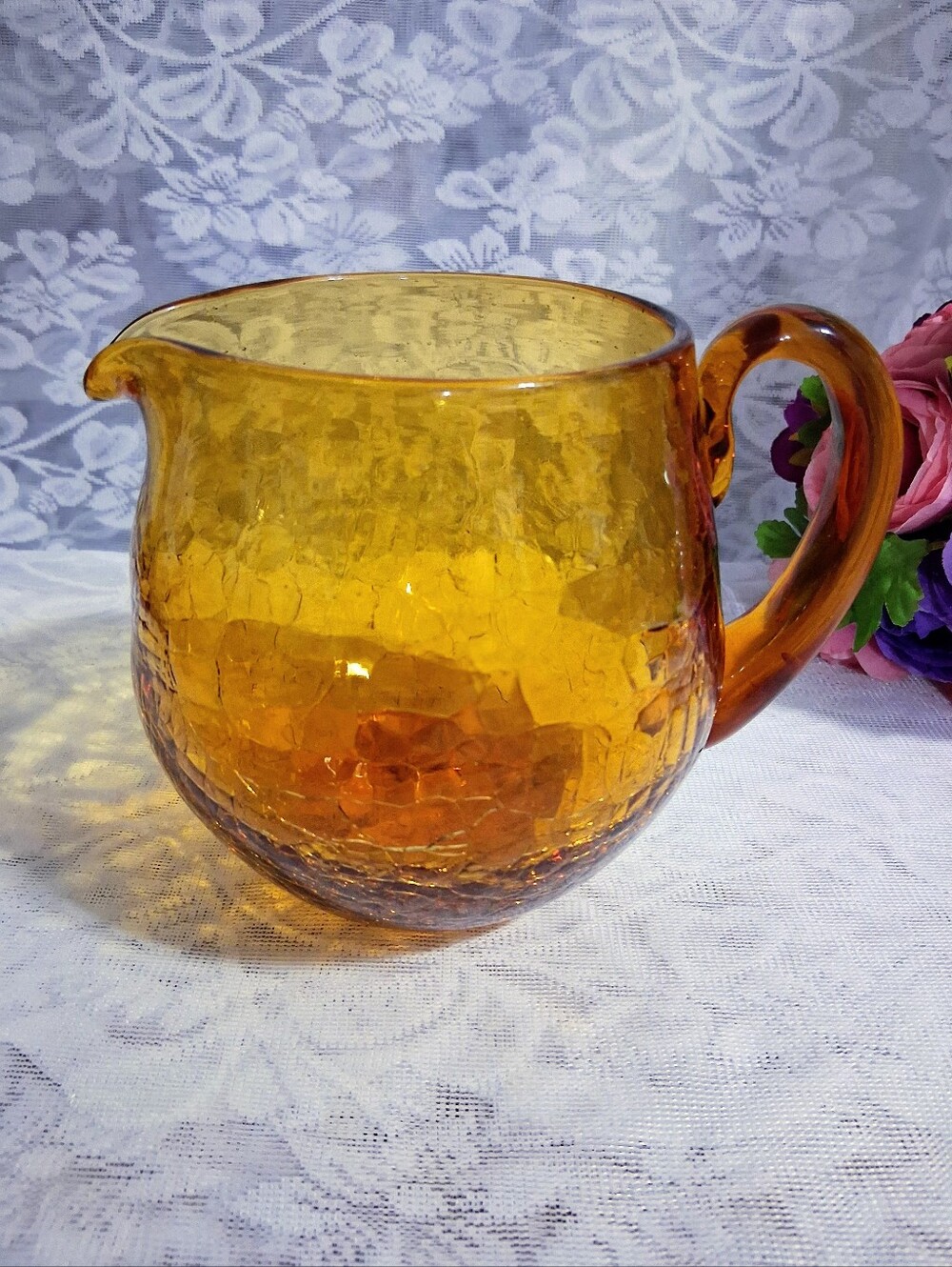Vintage Blenko Medium 5.25" Amber Crackle Glass Pitcher Mid-century MCM